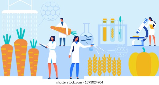 Scientists with Laboratory Equipment and Artificial Food Products Banner Vector Illustration. Genetically Modified Vegetables. Characters Doing Scientific Researches and Experiments.