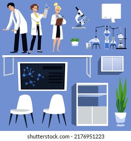 Scientists and laboratory equipment collection, flat vector illustration isolated on blue background. Scientific laboratory staff and supplies for lab researches.