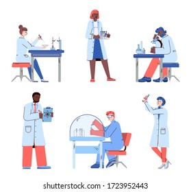 Scientists is laboratory - isolated set of cartoon people in lab coats