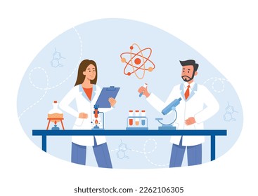 Científicos en laboratorio. El hombre y la mujer con tubos de ensayo estudian la estructura de la materia, moléculas y átomos. Experimento científico en laboratorio, los médicos desarrollan medicamentos. Dibujo vectorial plano de dibujos animados