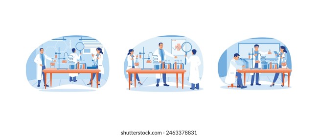 Scientists in the laboratory room. Wearing lab coats. Doing scientific research in the laboratory. Laboratory concept. Set flat vector illustration.