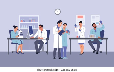 Scientists in the laboratory.  Scientific research.  Vector cartoon flat style illustration