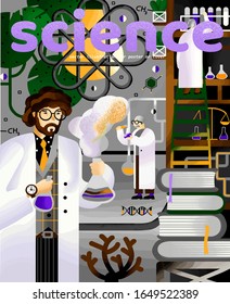 Scientists in laboratory. Vector cute illustration with men in white coat, chemical researchers with laboratory equipment, science experiment in lab. Drawings for a card, poster or book cover