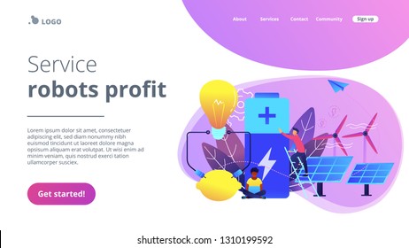 Scientists with lemon charging, solar pannels, wind turbines. Innovative battery technology, new battery creation, battery science project concept. Website vibrant violet landing web page template.