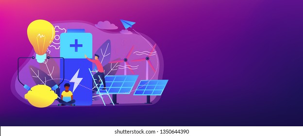 Scientists with lemon charging, solar pannels, wind turbines. Innovative battery technology, new battery creation, battery science project concept. Header or footer banner template with copy space.