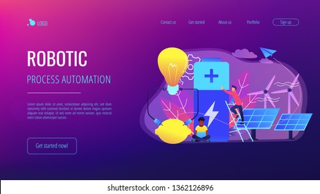 Scientists with lemon charging, solar pannels, wind turbines. Innovative battery technology, new battery creation, battery science project concept. Website vibrant violet landing web page template.
