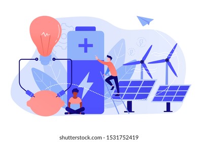 Scientists with lemon charging, solar pannels, wind turbines. Innovative battery technology, new battery creation, battery science project concept. Pinkish coral bluevector isolated illustration