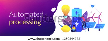 Scientists with lemon charging, solar pannels, wind turbines. Innovative battery technology, new battery creation, battery science project concept. Header or footer banner template with copy space.