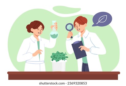 Scientists look at plant concept. Science experiment, color study. Doctors develop drugs. Genetic engineering and biochemistry, biology. Poster or banner. Cartoon flat vector illustration