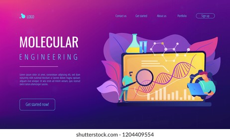 Scientists looking at DNA and charts with magnifier on laptop. Biotechnology, biological systems, bio-engineering concept on white background. Website vibrant violet landing web page template.