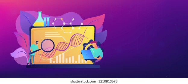 Científicos mirando el ADN y gráficos con amplificador en laptop. Biotecnología, sistemas biológicos, concepto de bioingeniería sobre fondo blanco. Plantilla de banner de encabezado o pie de página con espacio de copia.