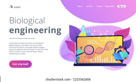 Scientists looking at DNA and charts with magnifier on laptop. Biotechnology, biological systems, bio-engineering concept on white background. Website vibrant violet landing web page template.