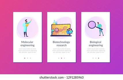 Científicos mirando el ADN y gráficos con amplificador en laptop. Biotecnología, sistemas biológicos, concepto de bioingeniería sobre fondo blanco. Plantilla de interfaz de usuario de usuario de Mobile UX GUI, wireframe de interfaz de aplicación