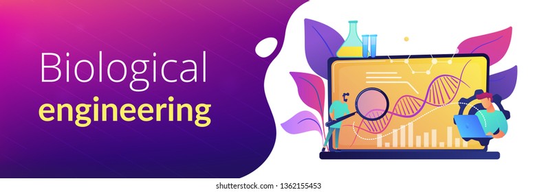 Scientists looking at DNA and charts with magnifier on laptop. Biotechnology, biological systems, bio-engineering concept on white background. Header or footer banner template with copy space.