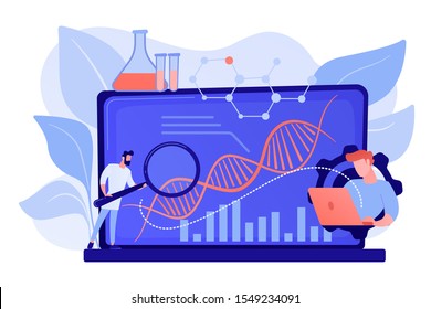 Scientists looking at DNA and charts with magnifier on laptop. Biotechnology, biological systems, bio-engineering concept on white background. Pinkish coral bluevector isolated illustration