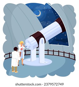 Scientists looking on starry night sky through telescope in observatory vector illustration. Astronomers observing constellations. Astrophysicist studying astronomical bodies and galaxies