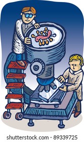 Scientists looking for some virus through a big microscope lens. Illustration in engrave style.