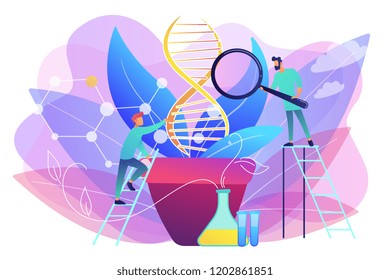 Scientists with magnifier looking at huge DNA in the pot. Genetically modified plants, GM crops and biotech crops concept on white background. Bright vibrant violet vector isolated illustration