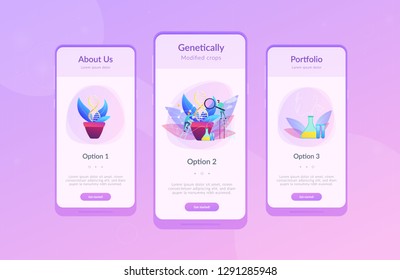 Scientists with magnifier looking at huge DNA in the pot. Genetically modified plants, GM crops and biotech crops concept on white background. Mobile UI UX GUI template, app interface wireframe