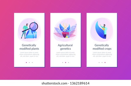 Scientists with magnifier looking at huge DNA in the pot. Genetically modified plants, GM crops and biotech crops concept on white background. Mobile UI UX GUI template, app interface wireframe