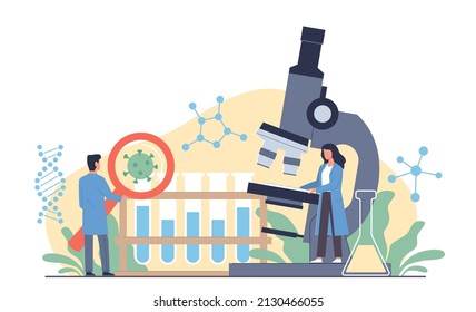 Scientists with magnifying glass and microscope. Bacteriological laboratory, studying viruses, microbiology and chemistry, drug and vaccine development, vector cartoon flat concept