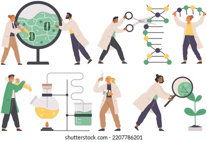 Scientists make laboratory analysis of dna, plants and organisms. Idea of education, botany, microbiology scenes set. Biologists study structure of plant cell. Biological research with flasks in lab