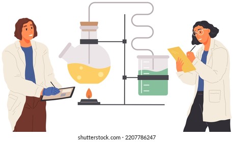 Scientists make laboratory analysis with equipment. Idea of education, chemistry, science. Colleagues conducting scientific experiment, chemical research. Researchers work with liquid in flask