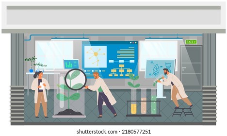 Scientists Make Laboratory Analysis. Idea Of Education, Botany, Microbiology. Biologists Study Structure Of Plants, Conduct Experiments. Biological Research With Green Sample In Scientific Lab