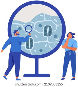 Scientists make laboratory analysis of life system and organisms. Idea of education, botany, microbiology. Biologists study structure of plant cell. Biological research with green sample in lab