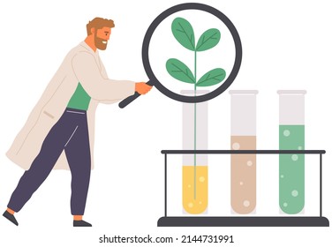 Scientists make laboratory analysis of life system and organisms. Idea of education, botany, microbiology. Biologists study structure of plant cell. Biological research with green sample in lab