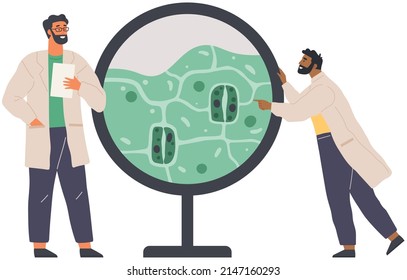 Scientists make laboratory analysis of life system and organisms. Idea of education, botany, microbiology. Biologists study structure of plant cell. Biological research with green sample in lab