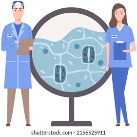 Scientists make laboratory analysis of life system and organisms. Idea of education, botany, microbiology. Biologists study structure of plant cell. Biological research with green sample in lab