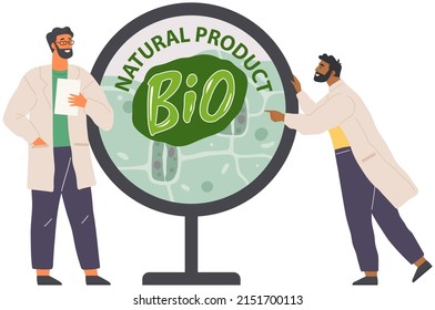Scientists make laboratory analysis of natural organic product. Idea of education, botany, microbiology. Biologists study structure of bio cell. Biological research with green sample in lab