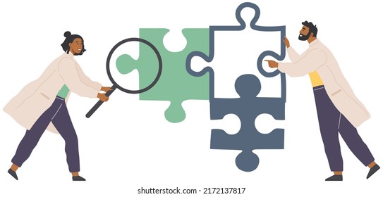 Scientists make new decision in science. Idea of education, scientific developent. People in lab coats conducting experiment, research. Researchers connect puzzle pieces, search for solution