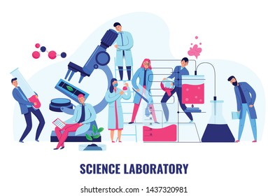 Scientists making biological and chemical experiments in science laboratory flat vector illustration