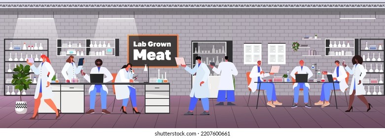 scientists making experiments with cultured red raw meat made from animal cells artificial lab grown meat production
