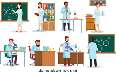 Scientists making research and experiments. Templates of laboratory`s interior in flat style. Education and science concept. Isolated. Vector.