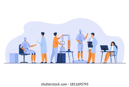 Scientists making robots in lab isolated flat vector illustration. Cartoon people creating computer hardware and machines. Science and technology development concept