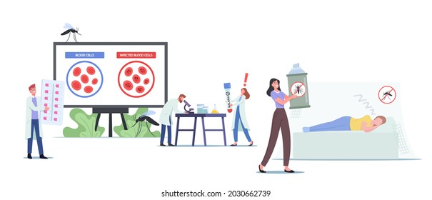 Scientists Male And Female Characters Learning Malaria Sickness. Tiny Microbiology Doctor At Huge Infographics Presenting Healthy And Diseased Cells Inside View. Cartoon People Vector Illustration