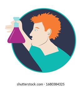 Scientists man in laboratory are holding flasks and making research. Chemistry. Flat vector illustration.