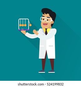 Scientists man in white robe and glasses at work. Scientist physicist holding Newton's cradle. Scientists in lab. Science and technology development, scientific research, research. Science background