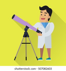 Scientists man in white robe at work. Scientist astrophysicist with telescope. Scientists in lab. Science and technology development, scientific research, space research. Science background