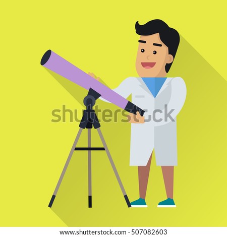 Scientists man in white robe at work. Scientist astrophysicist with telescope. Scientists in lab. Science and technology development, scientific research, space research. Science background