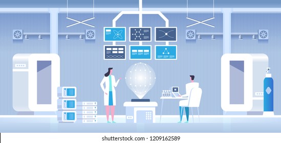 科学者の男女が研究室で研究を行い 科学研究所の内部 ベクターイラスト のベクター画像素材 ロイヤリティフリー