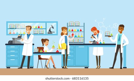 Scientists man and woman conducting research in a lab, interior of science laboratory, vector Illustration