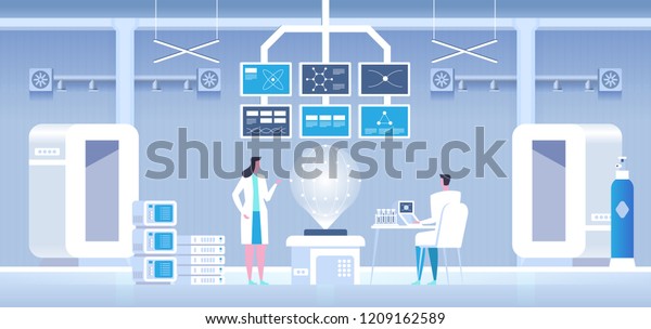 科学者の男女が研究室で研究を行い 科学研究所の内部 ベクターイラスト のベクター画像素材 ロイヤリティフリー