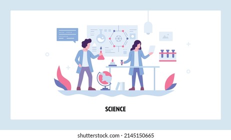 Scientists man and woman doing research in lab. Chemical laboratory interior, equpment, flask. Vector web site design template. Landing page website concept illustration.