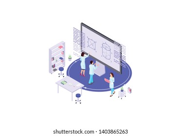 Scientists, mathematicians, academics isometric color vector illustration. Calculations on whiteboard infographic. Scientific laboratory 3d concept. Geometry, mathematics design element