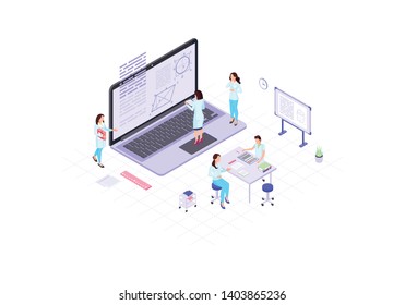 Scientists, mathematicians, academics, research workers isometric color vector illustration. People by laptop solving mathematical problem infographic.  Geometry, mathematics element 3d concept