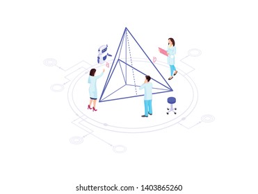 Scientists, mathematicians, academics, research workers isometric vector illustration. People solving geometrical task infographic. Triangle 3d concept. Futuristic technology, algorithm element